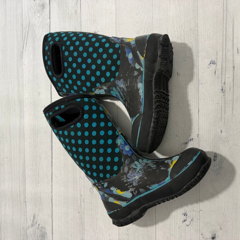 BOGS classic snow boots girls black and blue polka dot floral kids size 13 - Picture 3 of 11